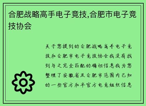 合肥战略高手电子竞技,合肥市电子竞技协会